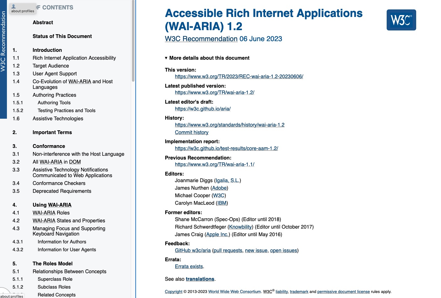 Screenshot: WAI-ARIA als 'W3 Recommendation', also W3 Standard.