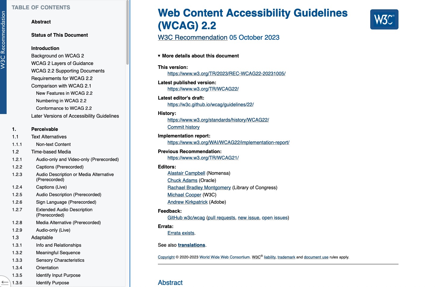 Screenshot: Die WCAG als 'W3 Recommendation', also W3 Standard.