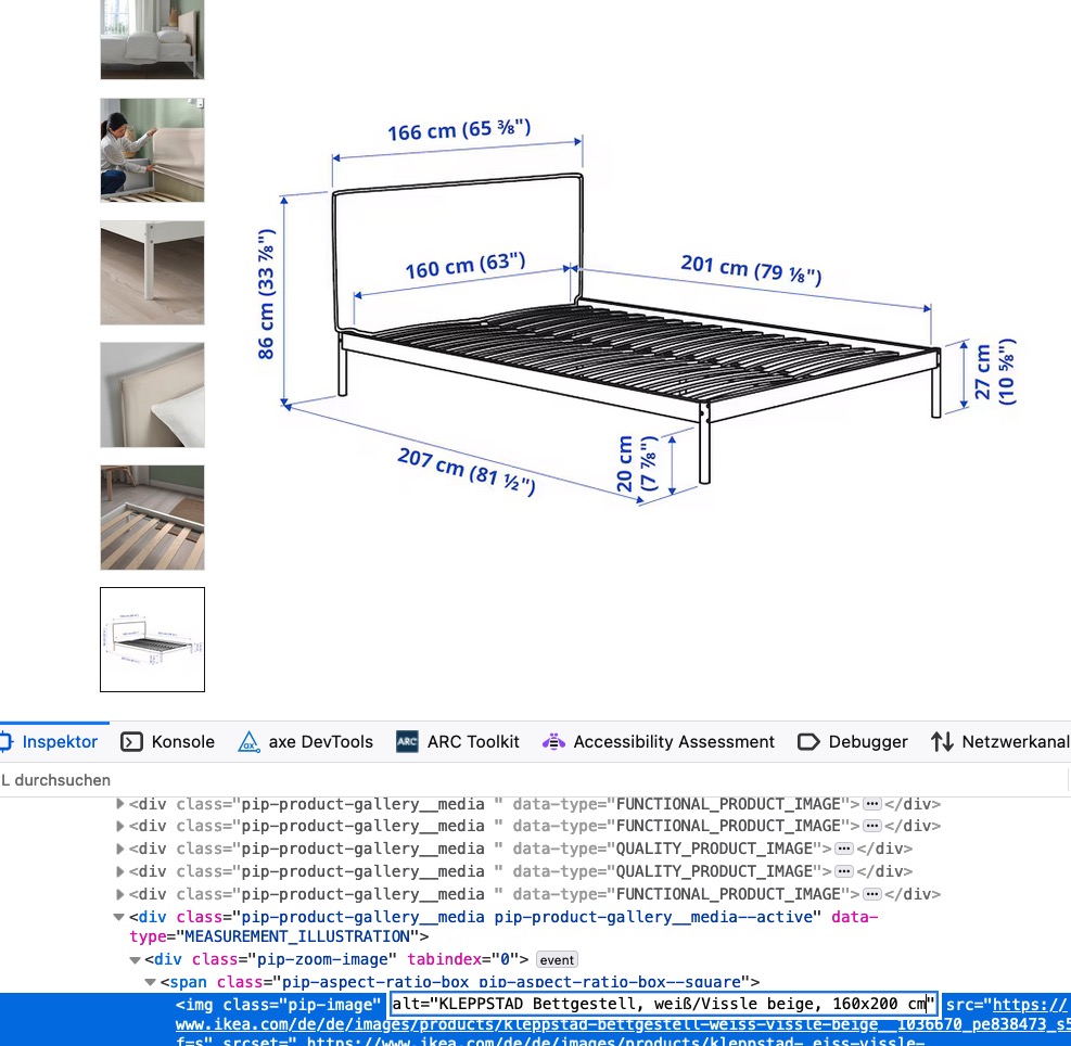 Screenshot einer Maßzeichnung eines Bettes als Teil einer Produktgalerie, auf ikea.de.