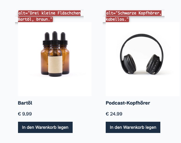 Screenshot: Produktauflistung mit Ausgabe der Alt-Texte der Bilder via Web Developer Toolbar: 'Drei kleine Fläschchen mit Bartöl, braun' und "Schwarzer Kopfhörer, kabellos'.
