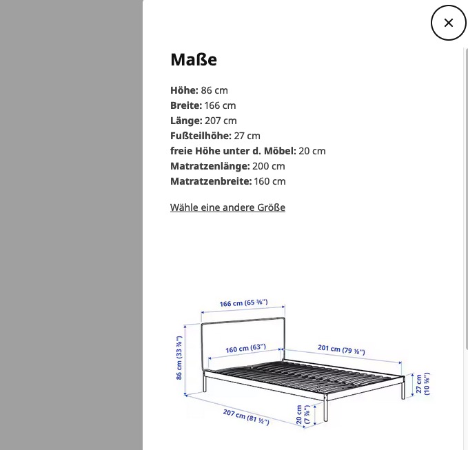 Screenshot eines eigenen modalen Dialogs mit den Bett-Maßen auf ikea.de.