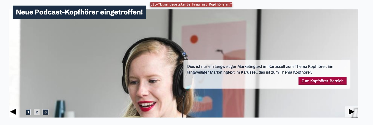 Screenshot: Folie im Marketing-Karusell mit Ausgabe der Alt-Texte der Bilder via Web Developer Toolbar: 'Eine begeisterte Frau mit Kopfhörern'.