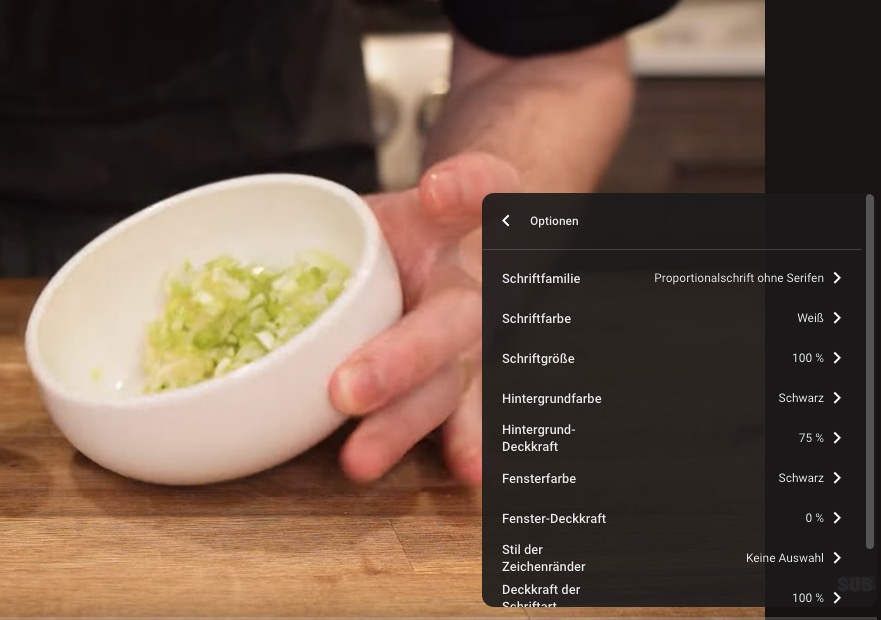 Screenshot: Das Anpassungsmenü für die Untertiteldarstellung im YouTube-Player.