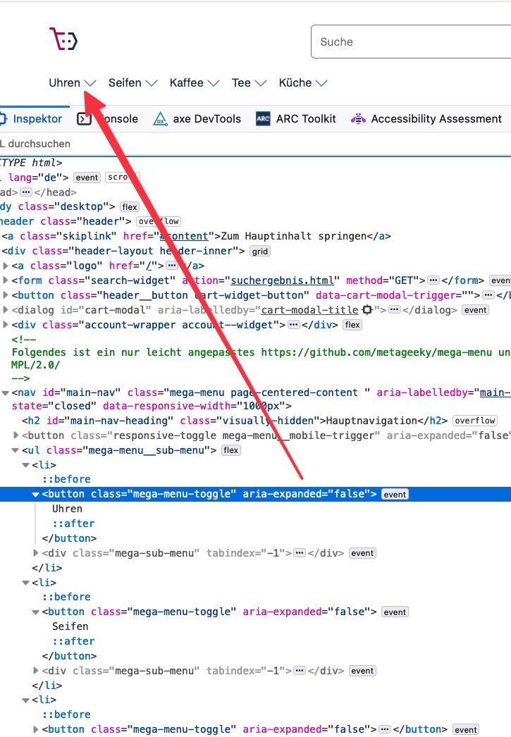 Screeenshot eines Browsers mit offenen Dev Tools: Abgebildet ist die visuelle Form der Hauptmenü-Sektion und das zugehörige HTML.