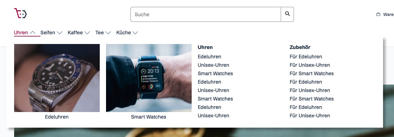 Screenshot: In der ecbf.shop-Hauptnavigation ist der Bereich 'Uhren' geöffnet.