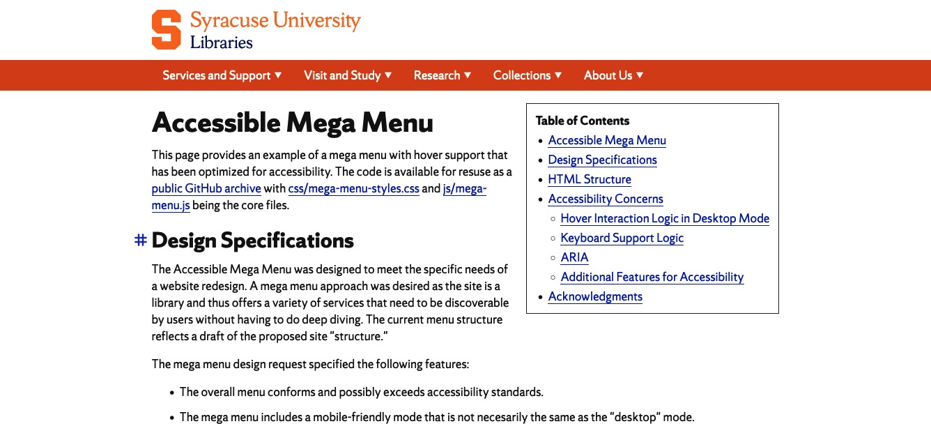 Screenshot: Das originale, zugängliche Megamenü der Userin metageeky für die Syracuse University.