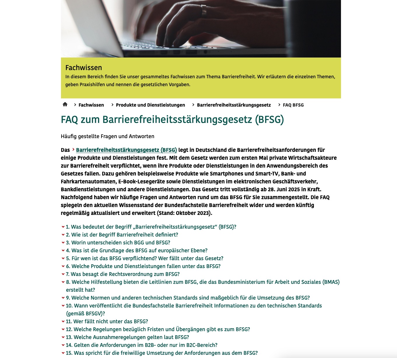 Screebshot: Die BFSG-FAQ-Unterseite der Website der Bundesfachstelle Barrierefreiheit.
