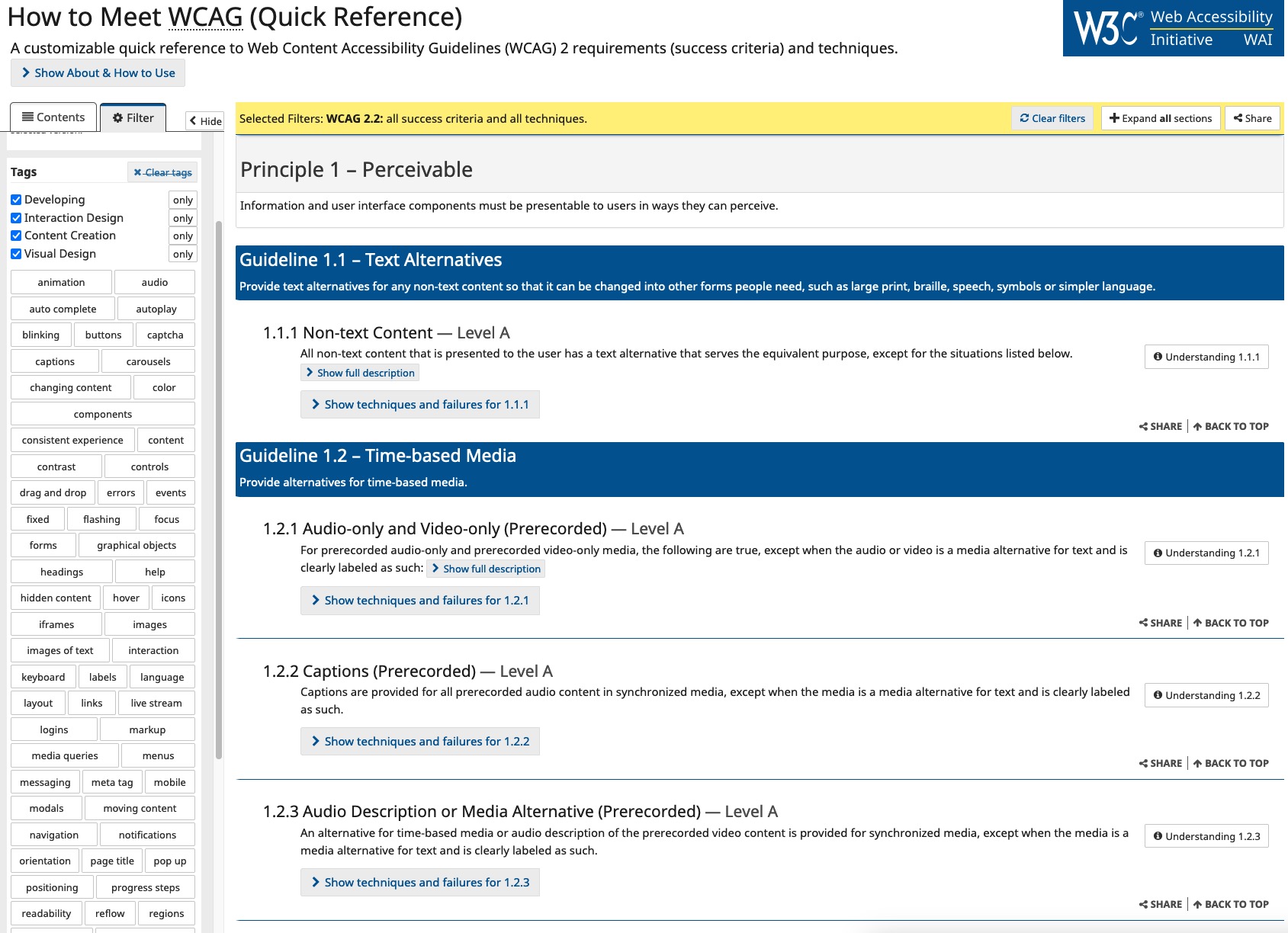 Screenshot der WCAG-Schnellreferenz-Website.