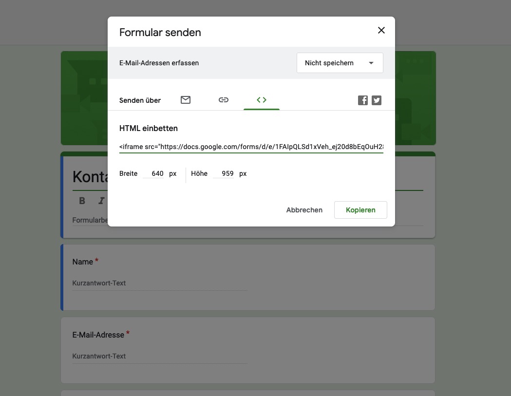 Screenshot: Google Forms bietet Einbettungsoptionen als iframe.