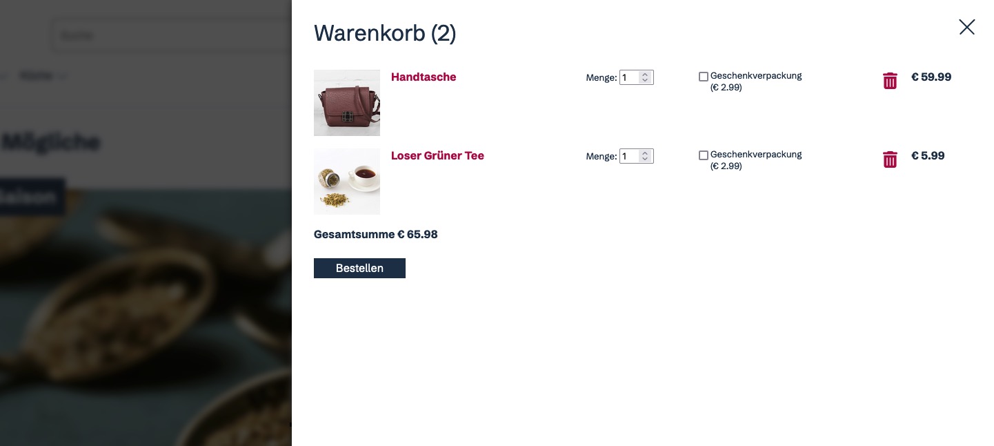 Screenshot: Der Warenkorb ist offen, in ihm sind tabellarisch zwei Beispielprodukte gelistet. Er selbst legt sich als modaler DIalog über den Rest des Shop-Interfaces.